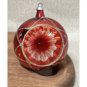 Italy Red Glass Gold Glitter Deep Indent Ornament Vintage Antique